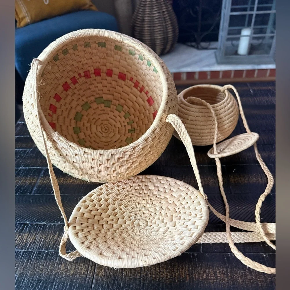 Baskets Round Pair Woven Lid Long Straps & added 3 more! (5 total)